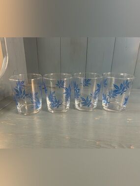 Vintage Hazel Atlas Set of 4 Clear Glass Tumblers with Blue Leaf Motif